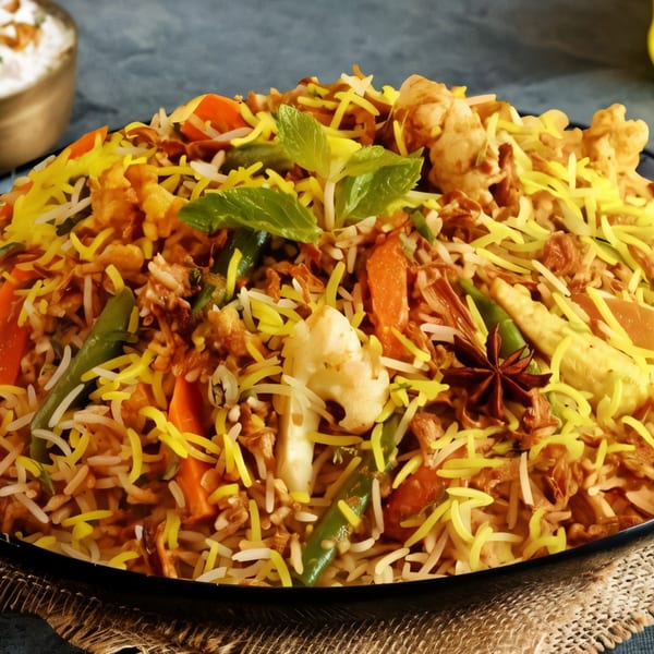 Close-up of colorful Indian biryani with vegetables, rice, and spices, garnished with mint.