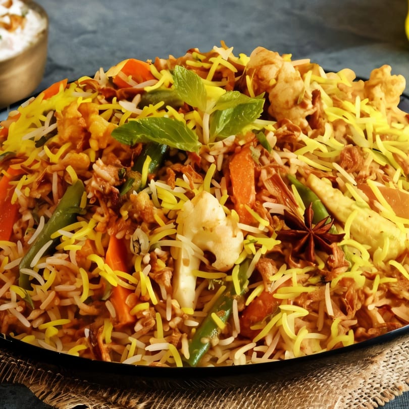 Close-up of colorful Indian biryani with vegetables, rice, and spices, garnished with mint.