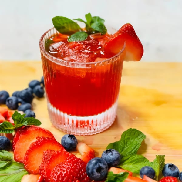 Red strawberry drink with mint and a strawberry slice, surrounded by blueberries and strawberries.