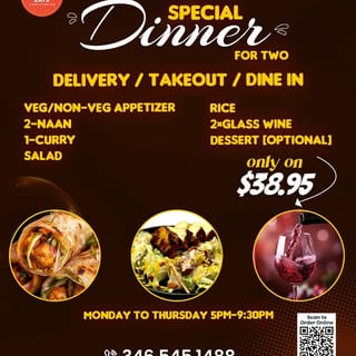 Meal for Two ( Includes 2 glasses of Wine)